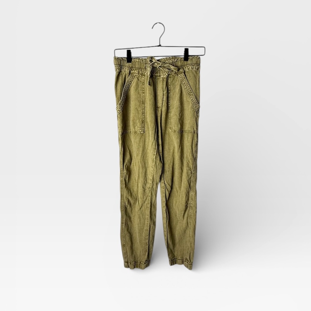 Anthropologie Rhys Utility Joggers‎ in a moss green linen blend XS (H)